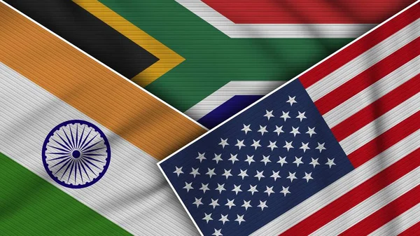 Sudáfrica Estados Unidos América India Banderas Juntas Textura Tela Efecto — Foto de Stock