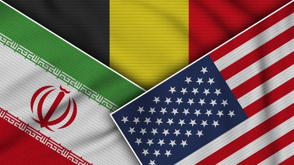 Belgium Єднані Стани Америк Іран Прапори Разом Текстурний Ефект Ілюстрація — стокове фото