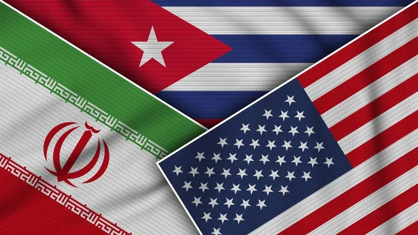 Cuba Stati Uniti America Iran Bandiere Insieme Tessuto Texture Effetto — Foto Stock