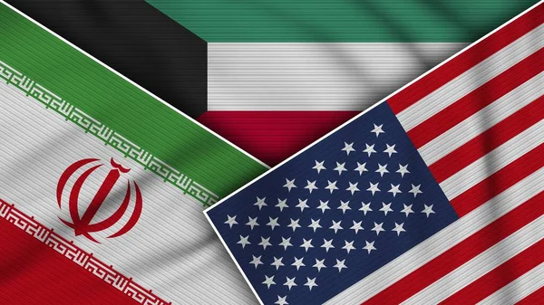 Кувейт Єднані Стани Америк Іран Прапори Разом Ефект Текстури Ілюстрація — стокове фото