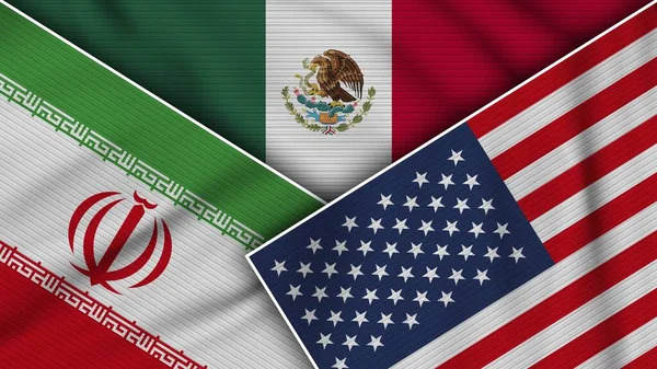 Mexiko Spojené Státy Americké Iran Flags Together Fabric Texture Effect — Stock fotografie