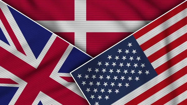 Dánsko Spojené Státy Americké United Kingdom Flags Together Fabric Texture — Stock fotografie