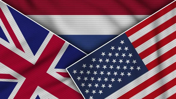 Netherlands United States America United Kingdom Flags Together Fabric Texture — Stock Photo, Image