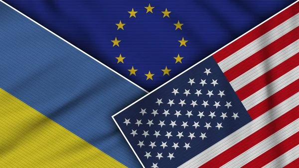 Avrupa Birliği Amerika Birleşik Devletleri Ukrayna Bayrakları Kumaş Doku İllüstrasyonunu Birleştirdi