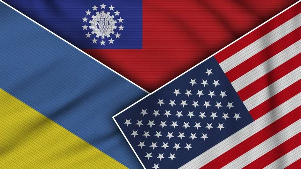 Mianmar Burma Amerikai Egyesült Államok Ukrajna Zászlók Együtt Szövet Textúra — Stock Fotó