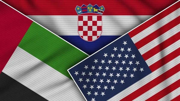 Croatia United States America United Arab Emirates Flags Together Fabric — Stok Foto