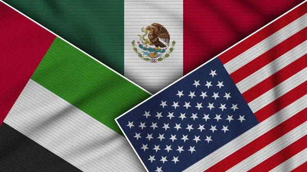 墨西哥美利坚合众国阿拉伯联合酋长国国旗一起 织物纹理效果图解 — 图库照片