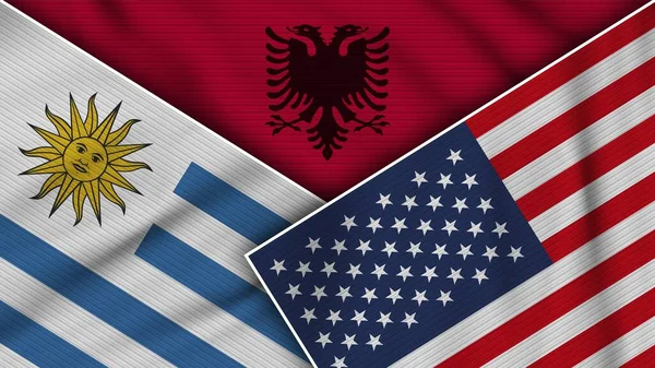 Albania Stany Zjednoczone Ameryki Urugwaj Flagi Razem Fabric Texture Effect — Zdjęcie stockowe