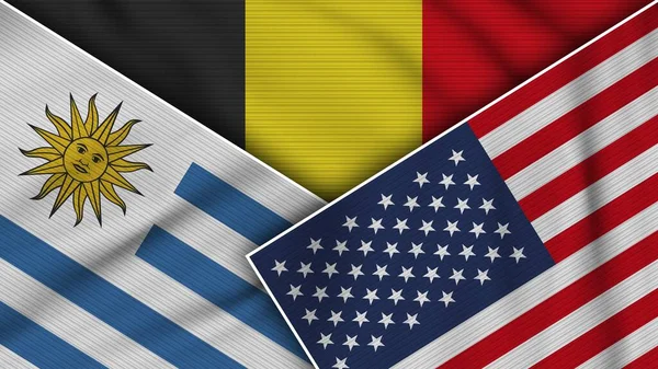 Belgium United States America Uruguay Flags Together Fabric Texture Effect — 图库照片