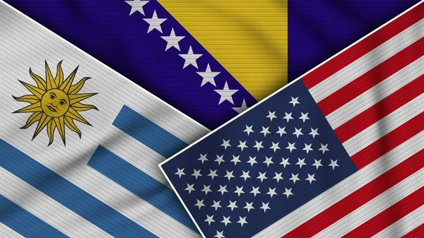 Bosnia Herzegovina Estados Unidos América Uruguay Banderas Juntos Textura Tela —  Fotos de Stock