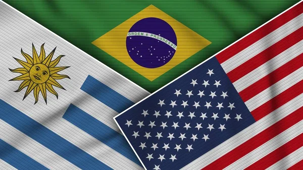 Brasil Estados Unidos América Uruguay Banderas Juntos Textura Tela Efecto — Foto de Stock