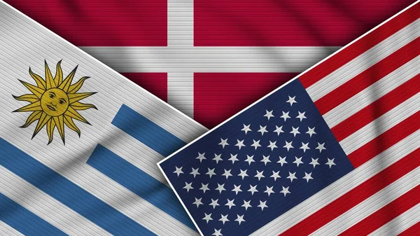 Dánsko Spojené Státy Americké Uruguay Flags Together Fabric Texture Effect — Stock fotografie