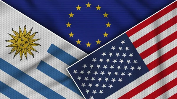 Europese Unie Verenigde Staten Uruguay Vlaggen Samen Textuur Effect Illustratie — Stockfoto