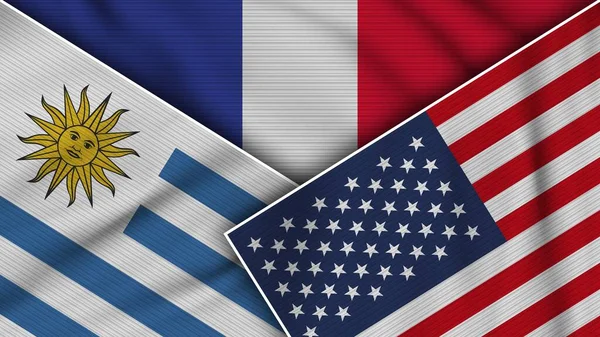 France United States America Uruguay Flags Together Fabric Texture Effect — Stock Photo, Image