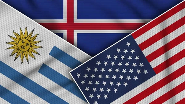 Ισλανδία Ηνωμένες Πολιτείες Της Αμερικής Uruguay Flags Together Fabric Texture — Φωτογραφία Αρχείου
