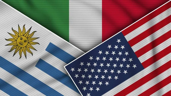 Italia Estados Unidos América Uruguay Banderas Juntos Textura Tela Efecto — Foto de Stock