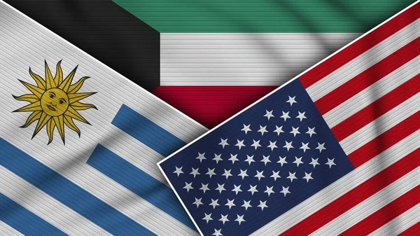 Kuwait Vereinigte Staaten Von Amerika Uruguay Flaggen Zusammen Stoff Textur — Stockfoto