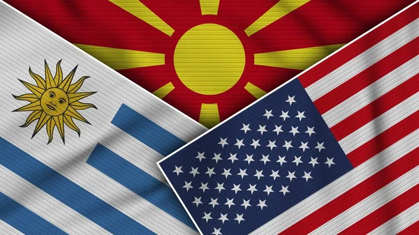 Macedonia Estados Unidos América Uruguay Banderas Juntos Textura Tela Efecto — Foto de Stock