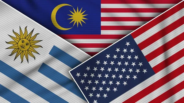 Μαλαισία Ηνωμένες Πολιτείες Της Αμερικής Uruguay Flags Together Fabric Texture — Φωτογραφία Αρχείου