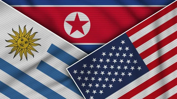 Nordkorea Vereinigte Staaten Von Amerika Uruguay Flaggen Zusammen Stoff Textur — Stockfoto