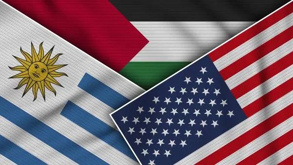 Palestina Stati Uniti America Uruguay Bandiere Insieme Tessuto Texture Effect — Foto Stock