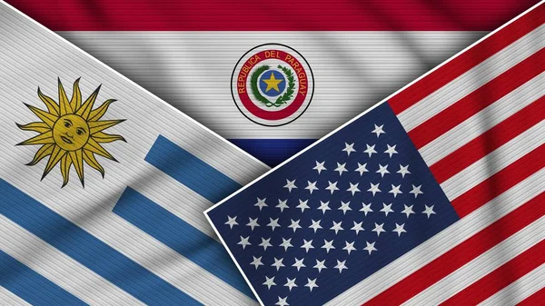 Paraguay Amerika Birleşik Devletleri Uruguay Bayrakları Kumaş Dokusu Llüstrasyon Etkisi — Stok fotoğraf