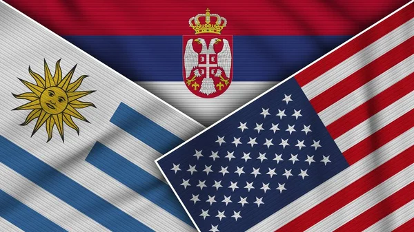 Σερβία Ηνωμένες Πολιτείες Της Αμερικής Ουρουγουάη Σημαίες Μαζί Υφασμάτινη Υφή — Φωτογραφία Αρχείου