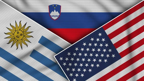 Słowenia Stany Zjednoczone Ameryki Urugwaj Flagi Razem Fabric Texture Effect — Zdjęcie stockowe