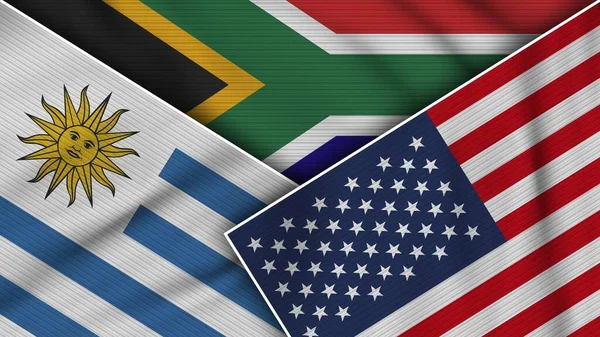 Sudafrica Stati Uniti America Uruguay Bandiere Insieme Tessuto Texture Effect — Foto Stock