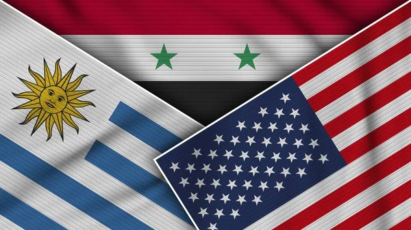 Siria Stati Uniti America Uruguay Bandiere Insieme Tessuto Texture Effect — Foto Stock