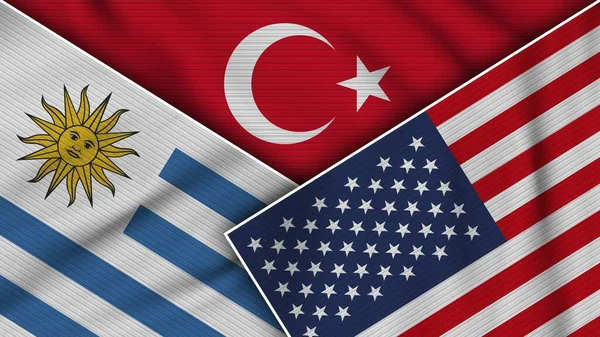 Τουρκία Ηνωμένες Πολιτείες Αμερικής Ουρουγουάη Σημαίες Μαζί Υφασμάτινη Υφή Εικονογράφηση — Φωτογραφία Αρχείου