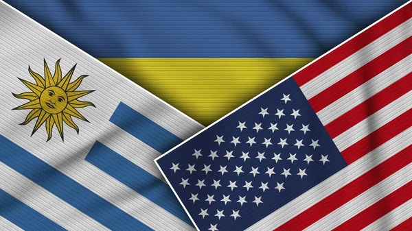 Ucrania Estados Unidos América Uruguay Banderas Juntos Textura Tela Efecto — Foto de Stock
