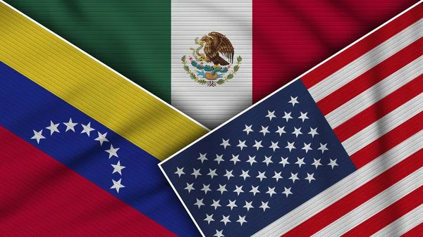 Meksyk Stany Zjednoczone Ameryki Wenezuela Flagi Razem Fabric Texture Effect — Zdjęcie stockowe