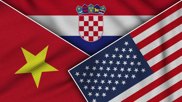 Croazia Stati Uniti America Vietnam Bandiere Insieme Tessuto Texture Effect — Foto Stock