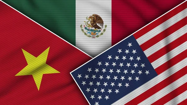 墨西哥美利坚合众国越南国旗一起织物纹理效果图解 — 图库照片
