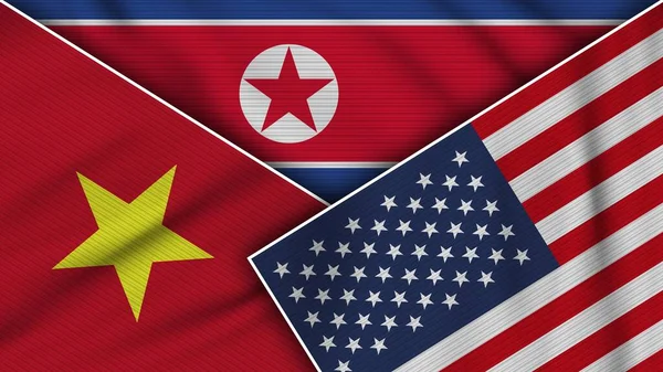Nordkorea Vereinigte Staaten Von Amerika Vietnam Fahnen Zusammen Stoff Textur — Stockfoto