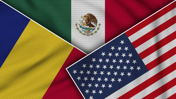 Mexiko Spojené Státy Americké Romania Flags Together Fabric Texture Effect — Stock fotografie