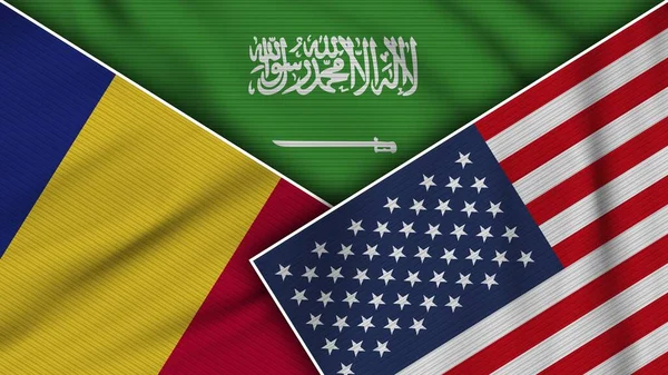 Arabia Saudita Stati Uniti America Romania Bandiere Insieme Tessuto Texture — Foto Stock