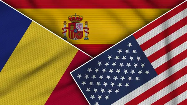 Spanyolország Amerikai Egyesült Államok Románia Zászlók Együtt Szövet Textúra Hatás — Stock Fotó