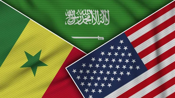 Arabia Saudita Stati Uniti America Bandiere Senegal Insieme Tessuto Texture — Foto Stock