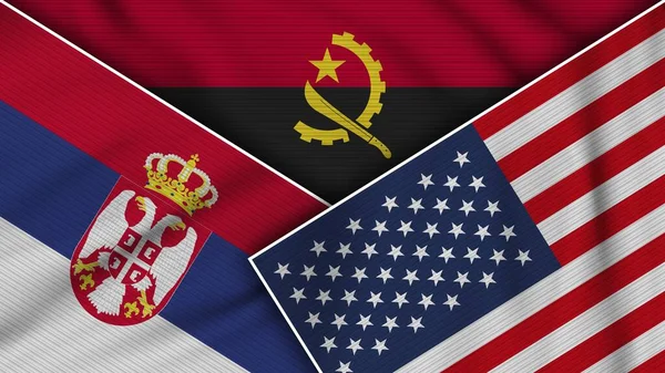 Angola Amerika Serikat Bendera Serbia Bersama Efek Tekstur Kain Ilustrasi — Stok Foto