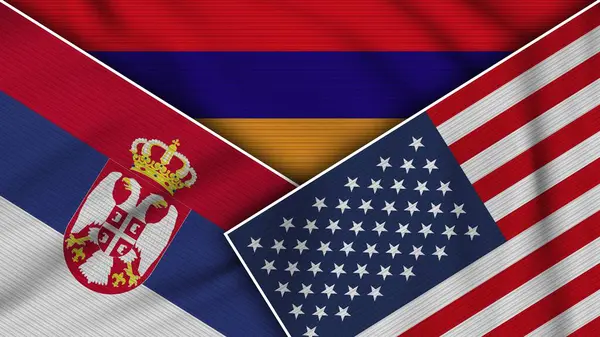 Armenia Amerika Serikat Bendera Serbia Bersama Efek Tekstur Kain Ilustrasi — Stok Foto