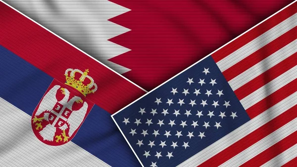 Bahrain Stati Uniti America Serbia Bandiere Insieme Tessuto Texture Effect — Foto Stock