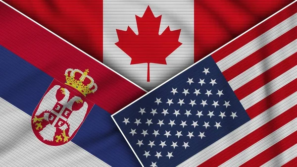 Canadá Estados Unidos América Sérvia Bandeiras Juntas Tela Textura Efeito — Fotografia de Stock