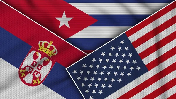 Kuba Vereinigte Staaten Von Amerika Serbien Fahnen Zusammen Stoff Textur — Stockfoto