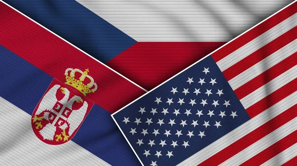 Republik Ceko Amerika Serikat Bendera Serbia Bersama Efek Tekstur Kain — Stok Foto