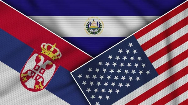 Salvador Vereinigte Staaten Von Amerika Serbien Fahnen Zusammen Textur Effekt — Stockfoto