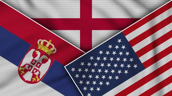 Inggris United States America Serbia Flags Together Fabric Texture Effect — Stok Foto