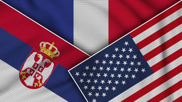 Francja Stany Zjednoczone Ameryki Serbia Flagi Razem Fabric Texture Effect — Zdjęcie stockowe
