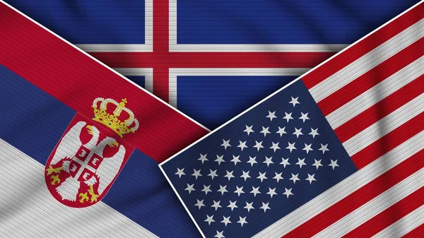 Islandia United States America Serbia Flags Together Fabric Texture Effect — Stok Foto